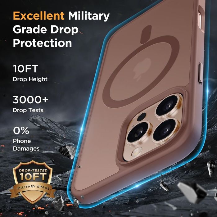 Husă magnetică iPhone 16 Pro Max MagSafe rezistentă la șocuri anti-amprente catifelată cu 2 protecții de ecran – Champagne 6,9"