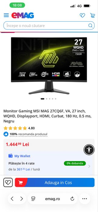 MSI Monitor MAG 27CQ6F, VA, 27 inch, WQHD, Curbat, 180 Hz