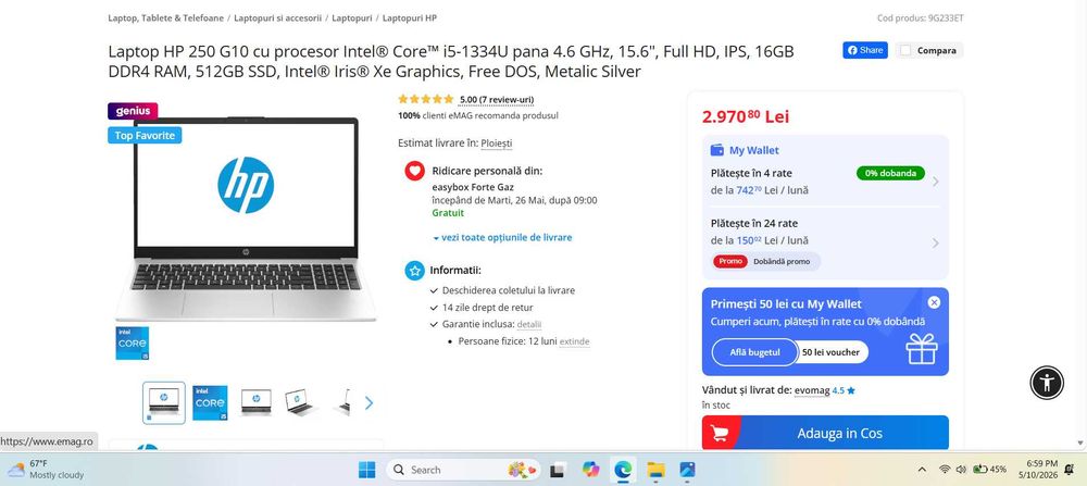 Laptop HP 250 G10 cu procesor Intel i5 1334U - 4.6 GHz, 15.6" Full HD, 16GB RAM, 512GB SSD