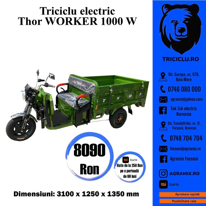 Triciclu electric nou THOR WORKER 1000W cu bena Agramix