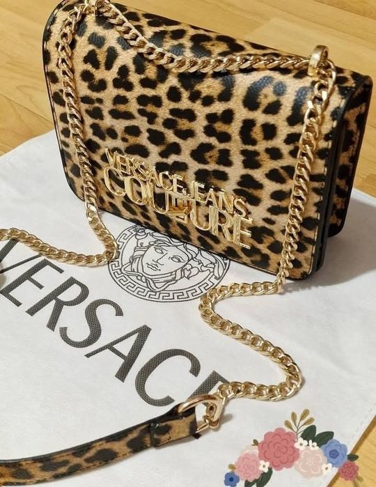 Geanta animal print Versace, super model, logo metalic auriu, saculet, etichetă