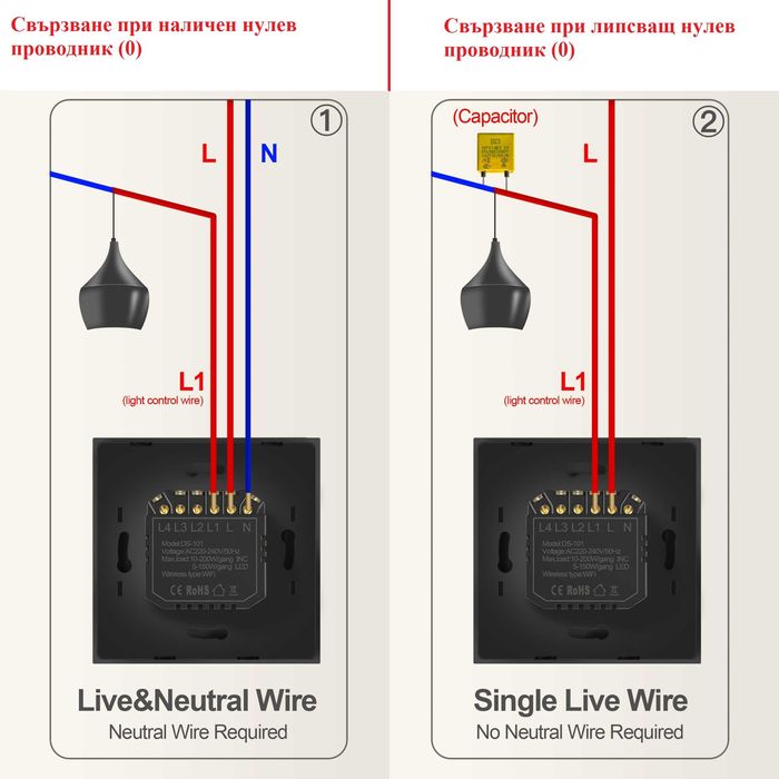 WiFi ключ за осветление единичен или двоен без нула Tuya Smartlife