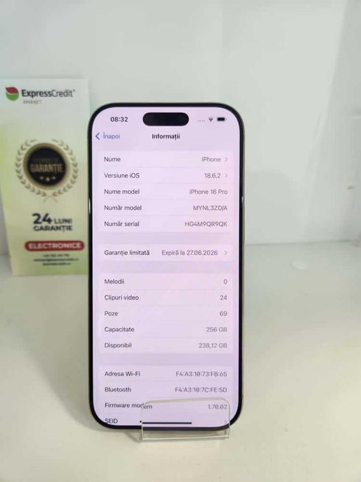 Iphone 16 Pro 256Gb 100% bateria (Ag8 Tudor1/B73980) – Garantie 2 Ani!