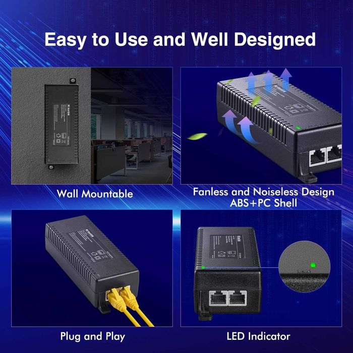 MokerLink Gigabit PoE Injector,802.3af/at/bt 60W,10/100/1000Mbps Ether