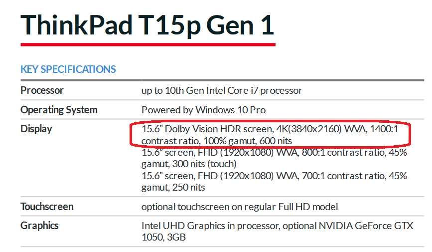 15.6 4K Ultra HD IPS 600 nits. 100% Adobe RGB/Intel Core i7-10750H/NVidia GTX 1050 4GB/16GB RAM/512GB SSD NVMe/Lenovo ThinkPad T15p WorkStation