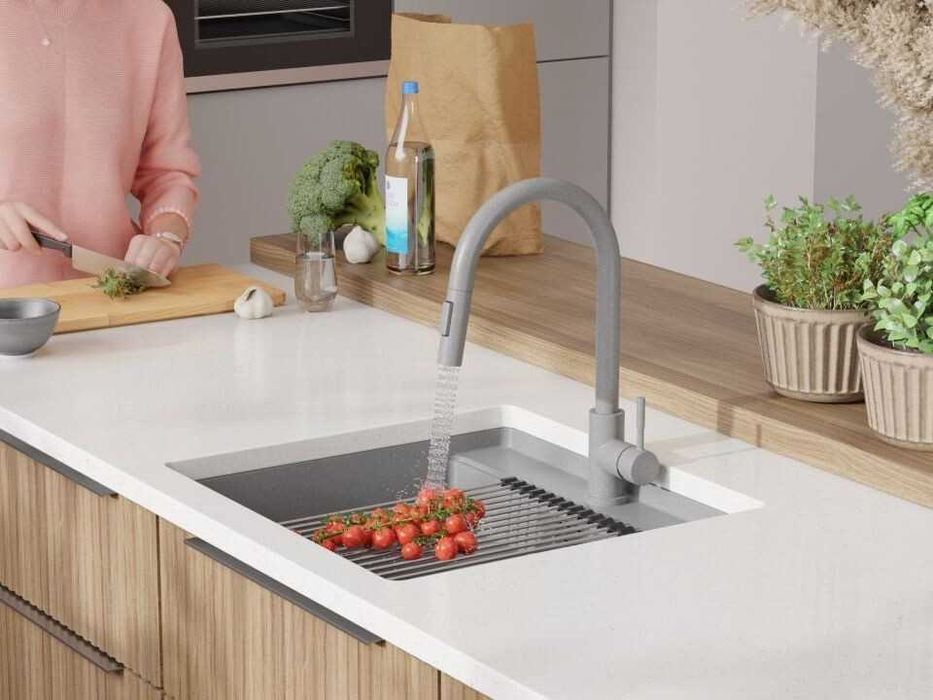 Сива кухненска мивка за вграждане под плот Берген 60 Low 560x530 мм