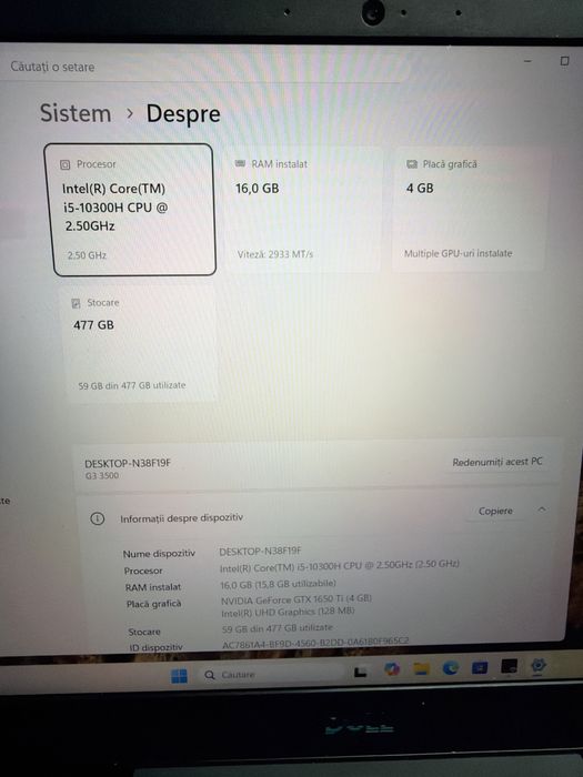 Laptop Gaming Dell G3 3500 i5 10gen 16g 512g nvme GTX1650Ti 15FHD