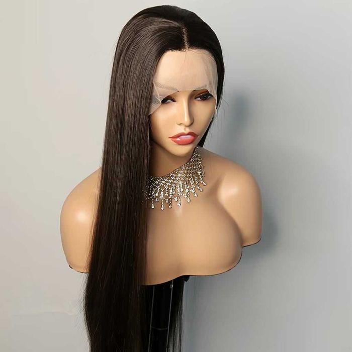 Дълга права тъмнокафява дантелена перука Lace Front 13x6