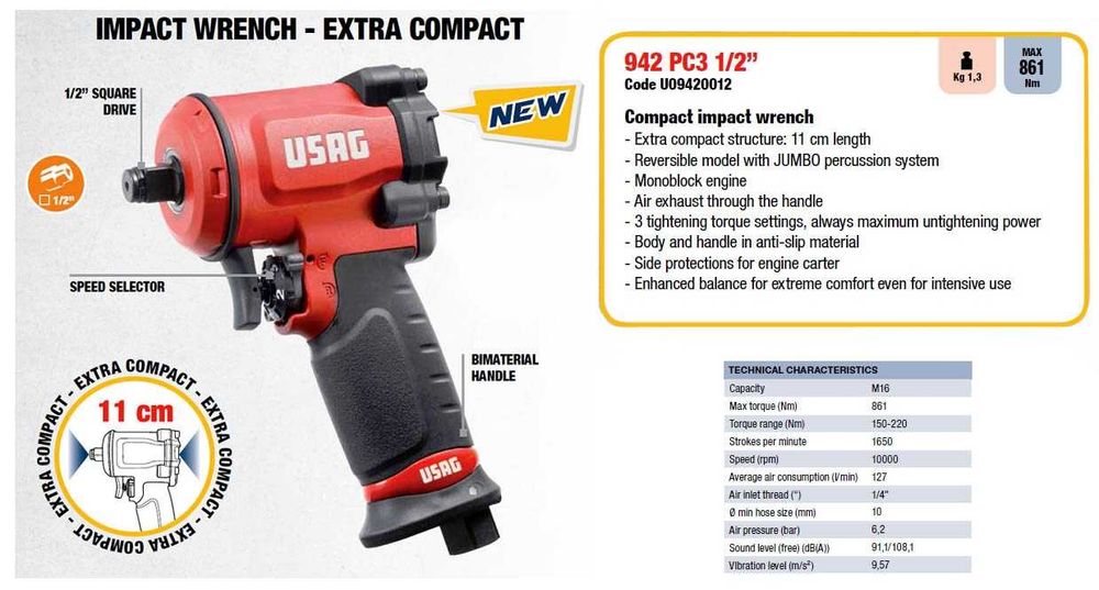 Гайковърт USAG – Италия. Модел 942 PC3 ½”, 861Nm, 1.3.кг