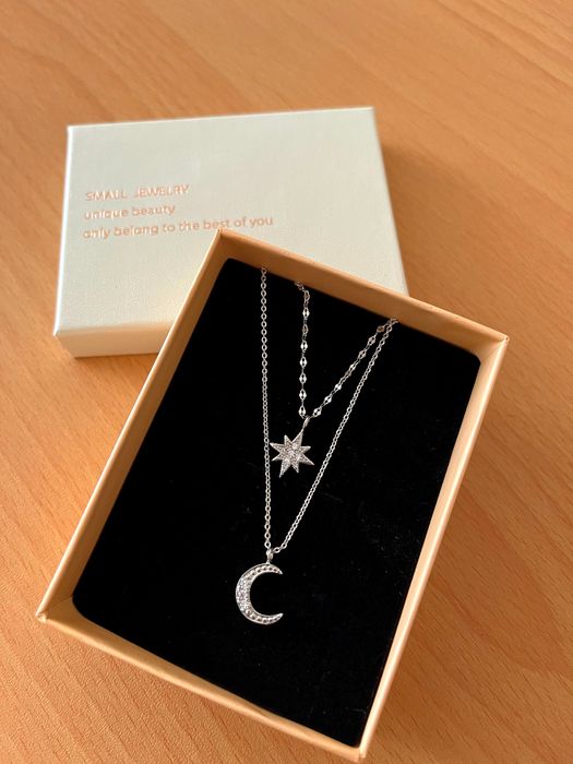 Дамски двоен сребърен синджир с Луна и звезда