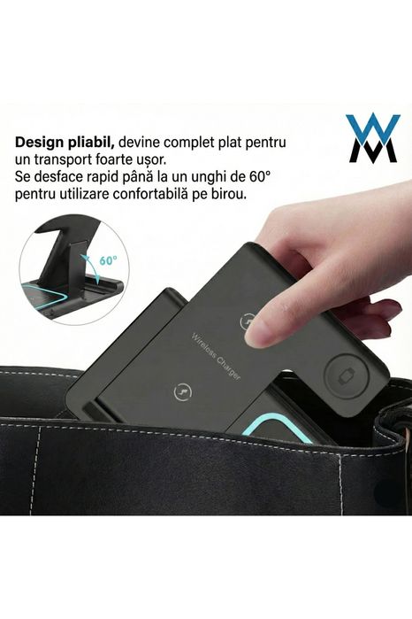 Statie Incarcare Wireless 3-in-1 Pliabila Wyred by Monga Qi 15W Negru