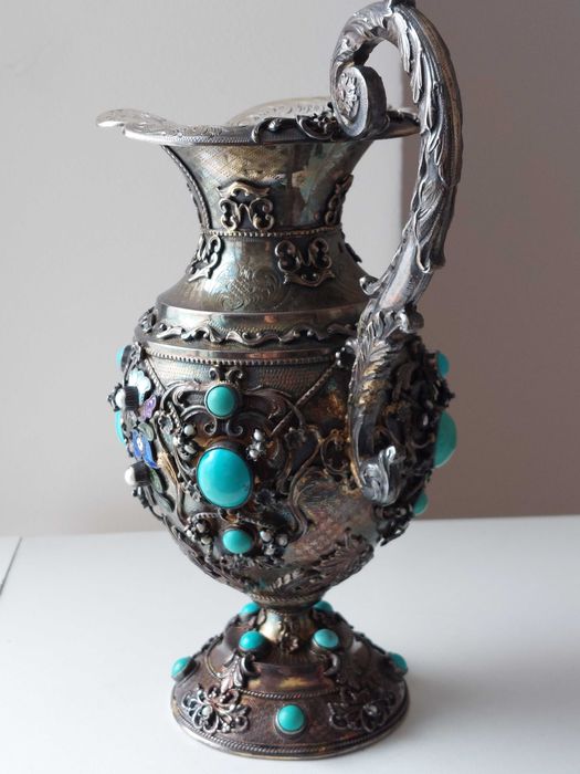 Стара Антикварна Сребърна кана за вода/сребро 925 ,емайл,тюркуази/