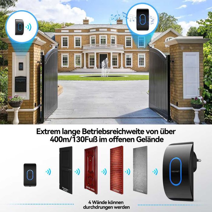 Sonerie wireless IP65 rezistent la apă 400m rază – Negru