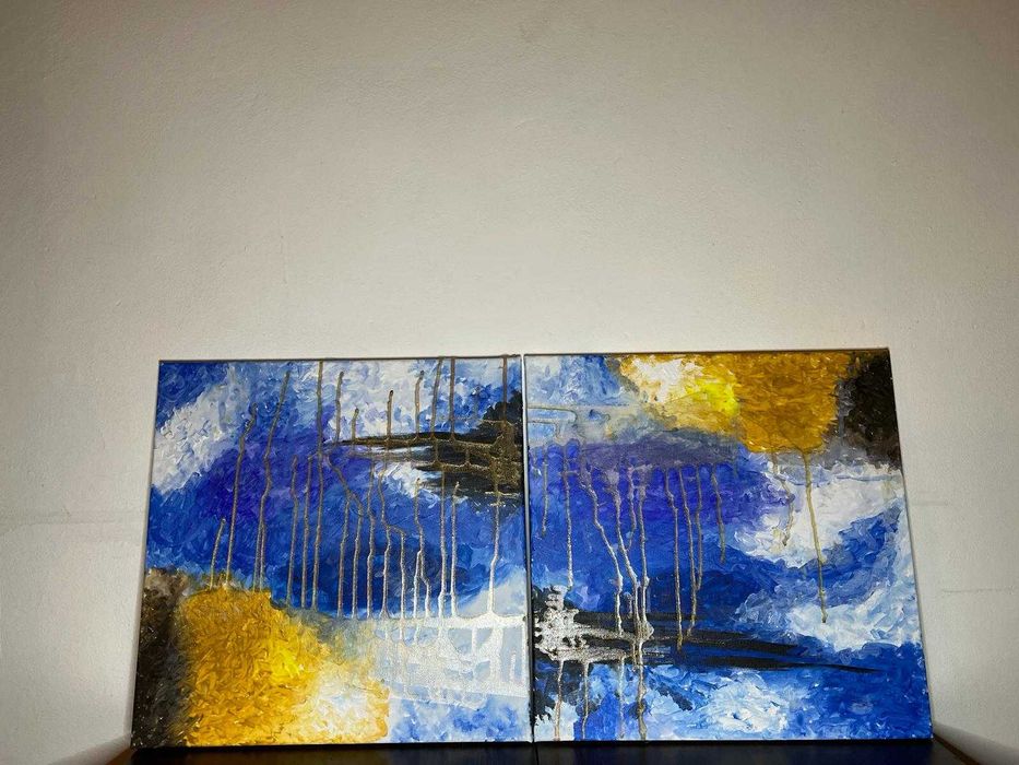 Tablou abstract pictat manual - vopsea acrilica -albastru-galben-auriu