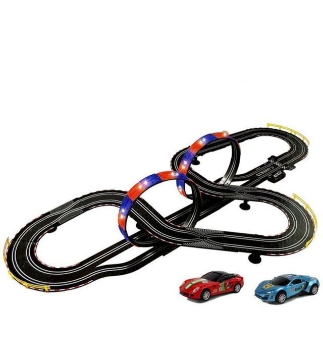 Circuit de curse 1:43, LEAN TOYS, 2 masinute rosie si albastra, 7,6 m
