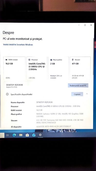 Laptop  Acer I3 5005U, CPU 2.0 GHZ, 16 Gb Ram ,SSD Samsung  250 Gb ,SSD intel 250 Gb,Windows 10 Pro