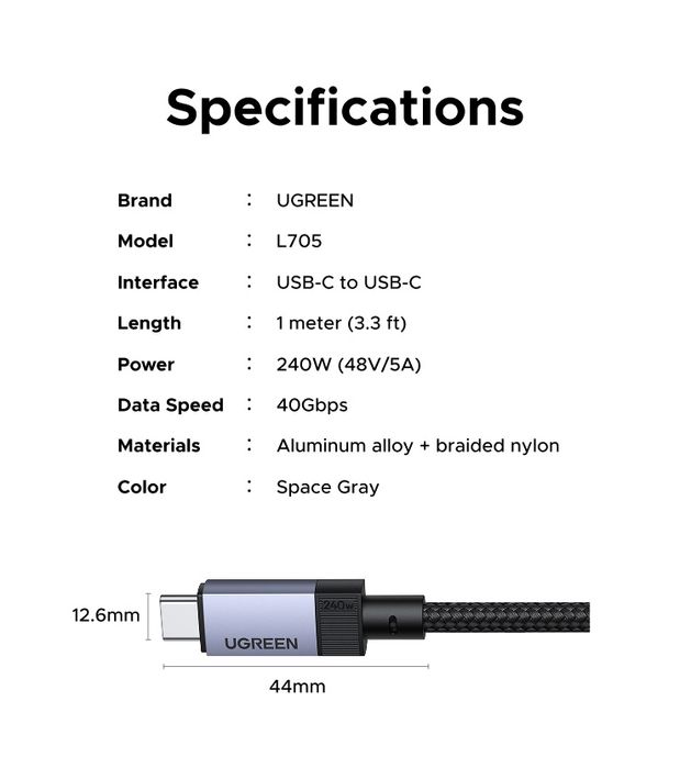 Кабель UGREEN двухсторонний Type-C USB4/USB3 Gen4/Gen3/Gen2/240W/PD 3.