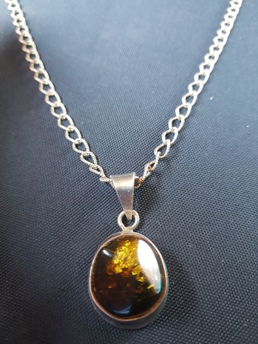 Colier superb argint 925 Miler,pandantiv vintage chihlimbar maro,super