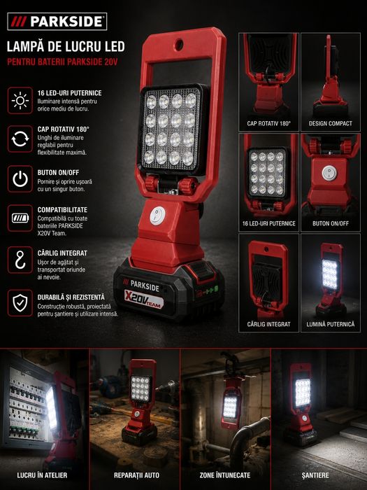 Lampă de lucru LED pentru baterii Parkside X20V Team – print 3D premium