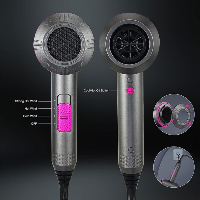 Професионален сешоар 2000W, 2 скорости, 3 температури, с 1 дифузер и 2 концентратора, сив, комплект