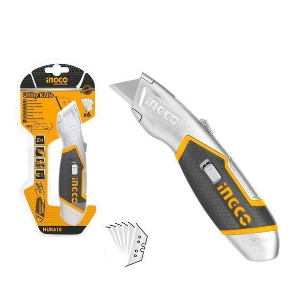 Метално ножче с гумена дръжка с 5 резерви ingco
