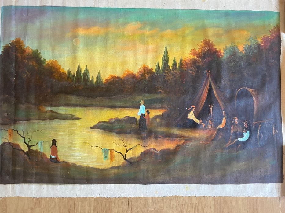 Pictura veche, ulei pe panza - peisaj cu caravana