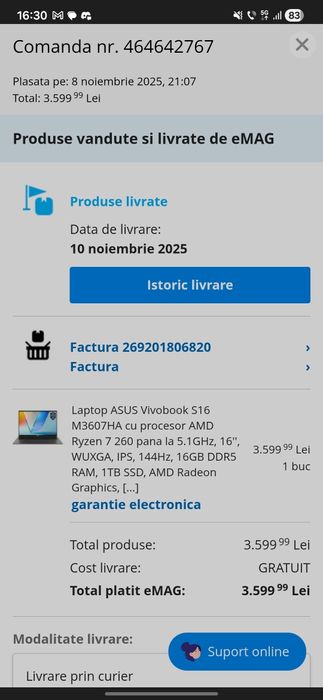 Laptop ASUS Vivobook S16 – Ryzen 7 / 32GB DDR5 / 1TB SSD / 144Hz / Windows 11 PRO – aproape nou / garanție