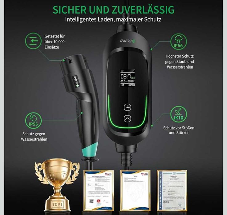 INFGO Зарядна станция тип 2 1-фазен 3.68kW 8.1 м. кабел 6-16A EV нова