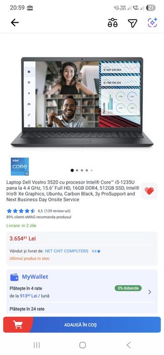 LaptopDell Vostro 3520 i5-1235U, 16GB RAM, SSD 512GB, Full HD – Stare