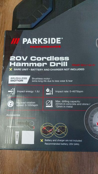 Ciocan rotopercutor  20 V,PARKSIDE PERFORMANCE  20-Li 1.9j A1,Nou!