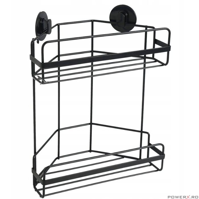 Etajera baie dubla, neagra, din otel, prindere cu ventuze, dimensiuni