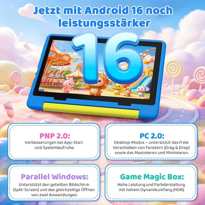Tabletă pentru copii, 10 inch, Android 16 cu 3 GB RAM + 64 GB ROM (TF 1TB), Wi-Fi 6G, Widevine L1, 6000 mAh, husă de protecție rezistentă la căderi,
