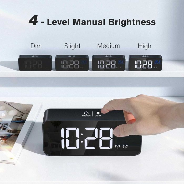 LED огледален дигитален будилник с двойна аларма, температура и snooze