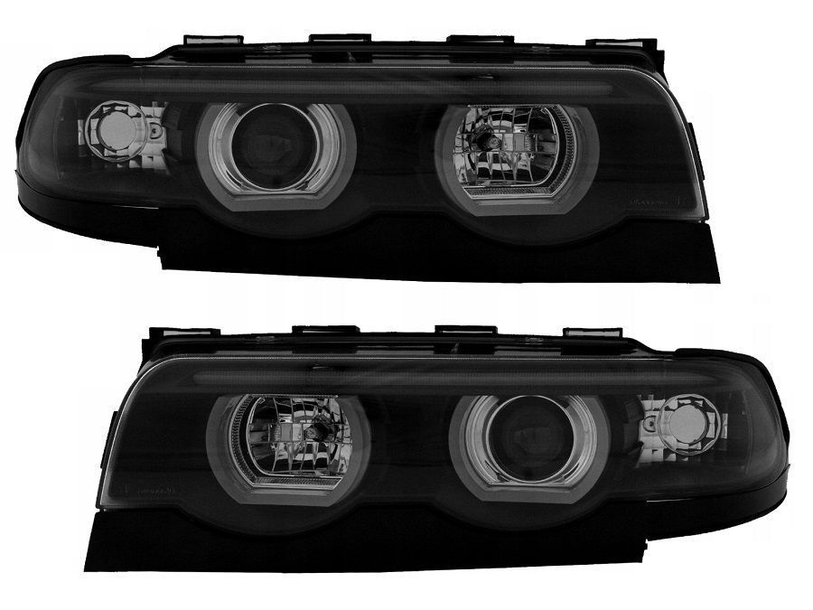 Set faruri Bmw Seria 7 (E38), 04.1994-12.2001, partea Stanga+Dreapta, Tuning, Fata, cu lentile; cu lumina parcare fibra optica; tip bec H1+H1; manual; negru, transparent; tuning, Taiwan