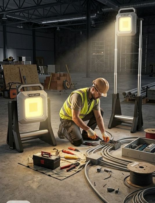 Мощна акумулаторна работна лампа - телескопична жълта и бяла светлина