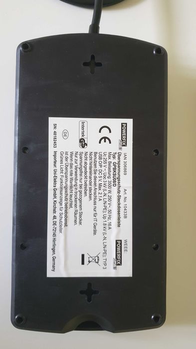 Разклонител с 8-контакта,USB и защита от пренапрежение 3500W  Powerfix GPBKSU08