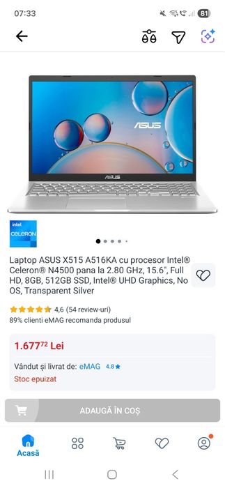 Laptop Asus, SSD 500 Gb , 8 Gb Ram, Intel