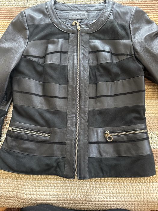 Geaca dama , cambrata din piele fina neagra combinata  cu piele intoarsa , Geronimo- Montello, Italia. Marime XXL potrivita nr 42