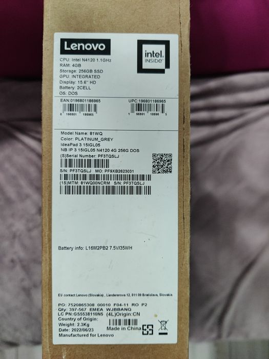 Laptop Lenovo 15.6'' SSD 256GB  IdeaPad 3 Nou