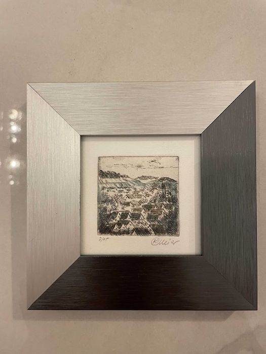 gravura foaie rives in creion semnata rama profesionala de inox periat