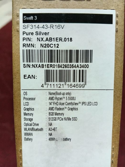Acer Swift 3 Ryzen 5 Pure Silver Срочно Сотилади