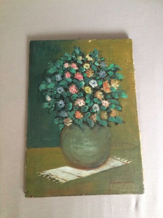 Pictura an ulei pe panza semnat vechi bibelouri bibelou