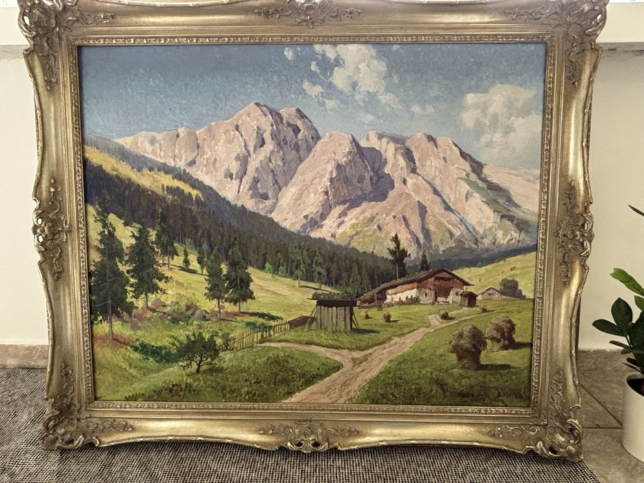 Tablou pe panza, peisaj montan cu ferma, dimensiunea panzei 90x70