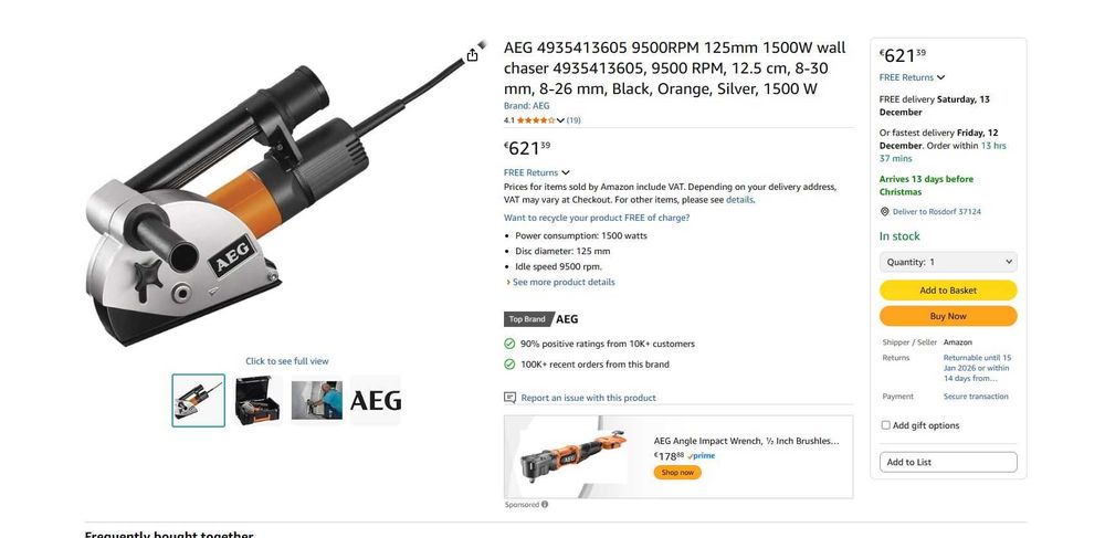 Mașină de frezat pentru caneluri de perete AEG 9500RPM 125mm 1500W