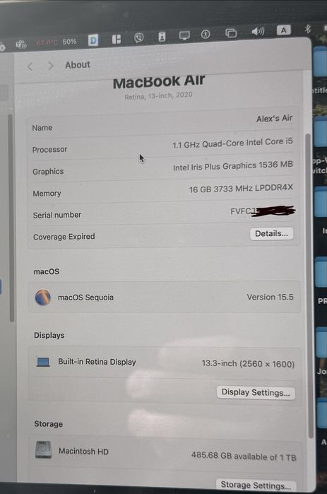 Macbook air 2020 i5 16gb  1Tb