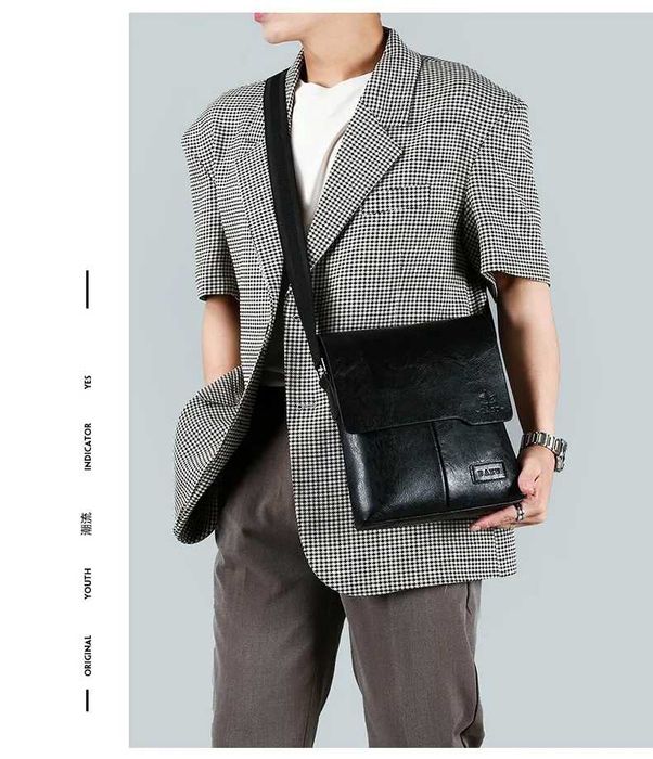 Мъжка черна кожена чанта през рамо, мъжки кожени чанти