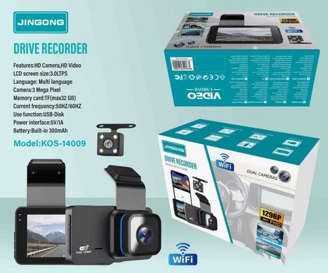 Cameră auto DVR WiFi Jingong KOS-14009 față & spate 1296P, ecran 3”