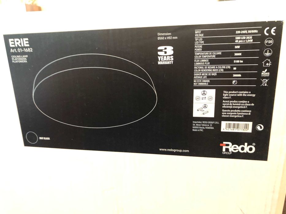 НОВ LED Плафон Redo ERIE 50W 3000K IP22 BK - 26% под пазарната цена !!!