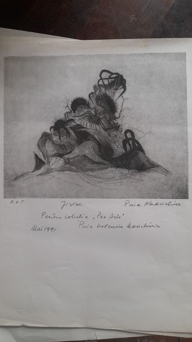 Această lucrare este o gravură creată de artista româncă Puia Hortensi