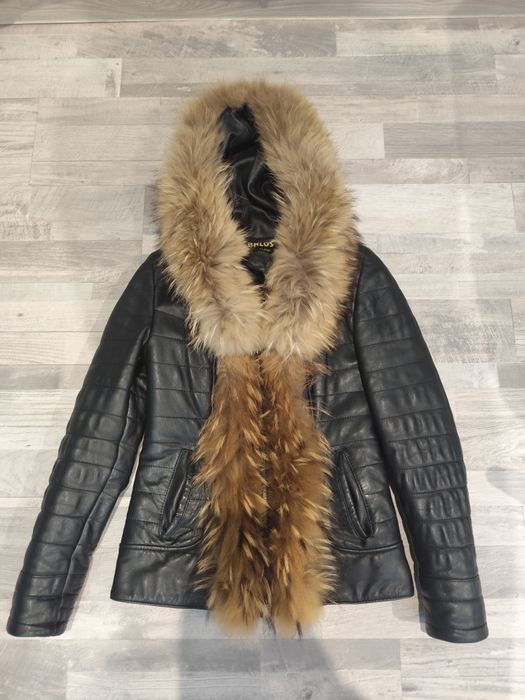 Палто от естествена кожа и пух с естествен косъм